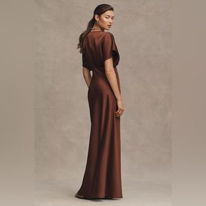 🏷️ NWT Anthropologie BHLDN Leila Deep-V Flutter-Sleeve Satin A-Line Gown